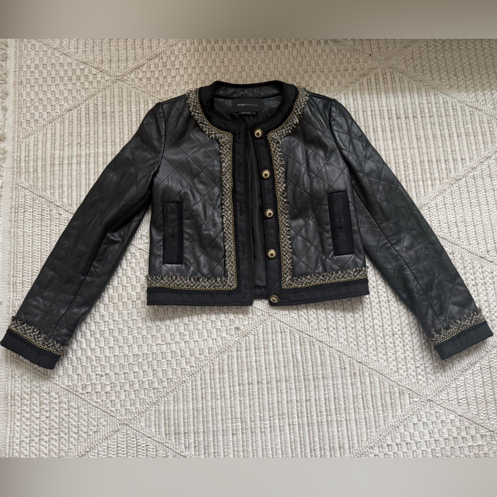 BCBGMaxAzria Black Quilted Leather Jacket with Gold Trim